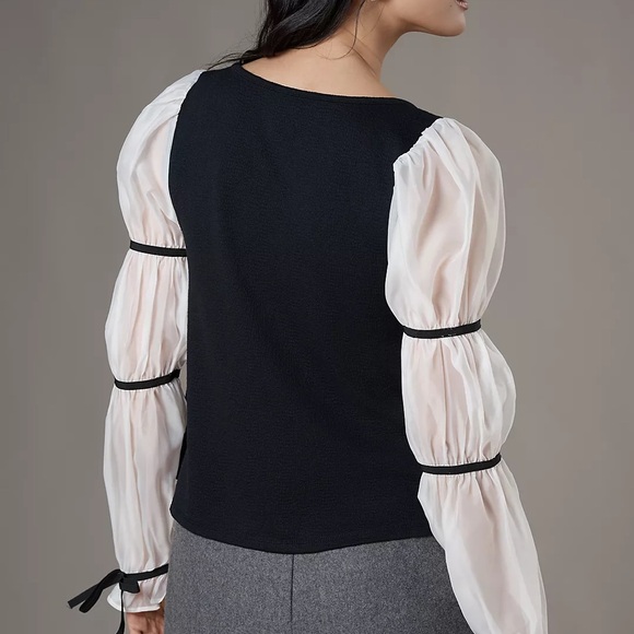 Anthropologie - Maeve Black and White Sheer Sleeve Top - Picture 2 of 8